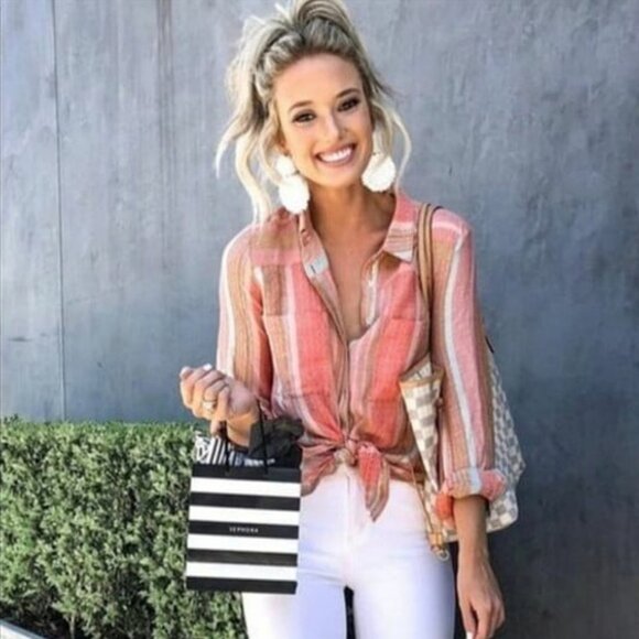 New MAEVE x ANTHROPOLOGIE Calipatria Button Down Shirt Metallic Stripe Coral 8 - Picture 1 of 7